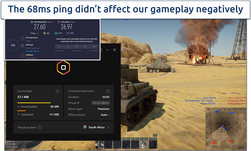 Screenshot of the game World of Tanks with Ultra VPN connected to a South Africa server