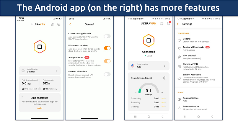 Screenshot of the UltraVPN interface on iOS and Android