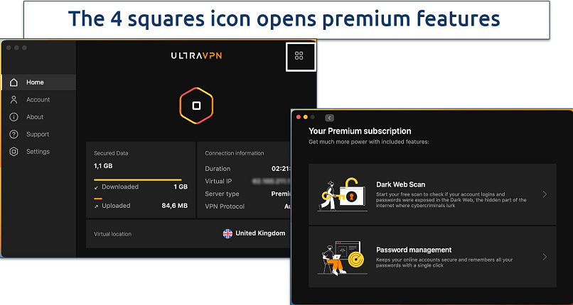 Screenshot of the premium features in the UltraVPN app