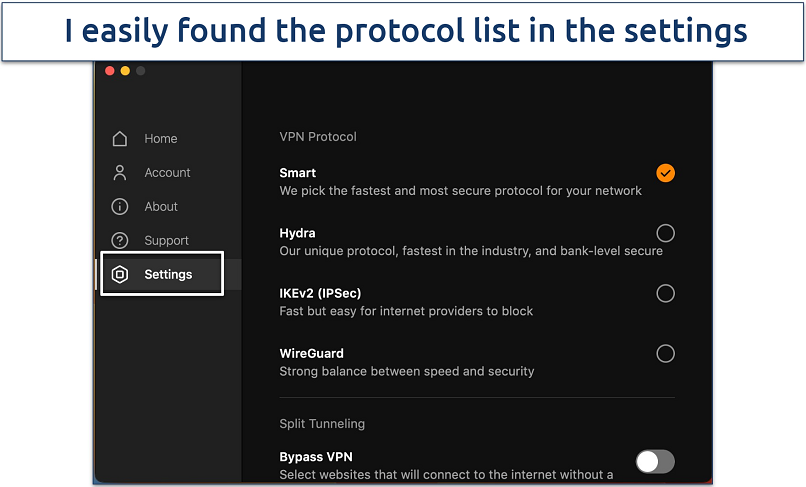 Screenshot of the security protocols available in UltraVPN