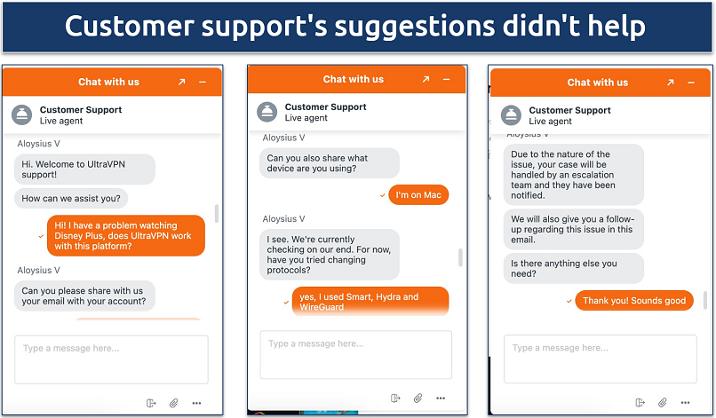 Screenshot showing live chat with UltraVPN customer support regarding streaming issues