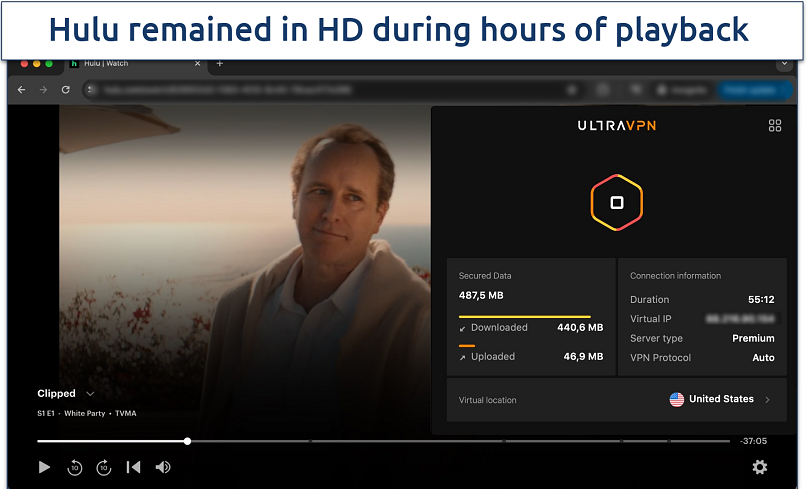Screenshot showing Hulu streaming with UltraVPN connected to a US server