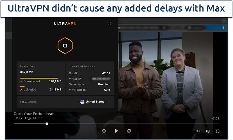 Screenshot showing Max streaming with UltraVPN connected to a US server