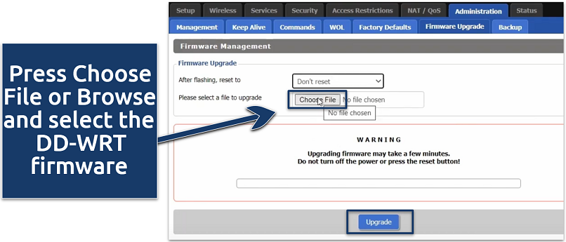 Screenshot showing the DD-WRT firmware selection screen