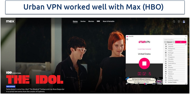 Screenshot of the Idol streaming on Max with Urban VPN connected