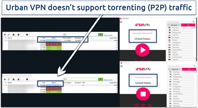 Screenshot of the torrenting client not working with Urban VPN