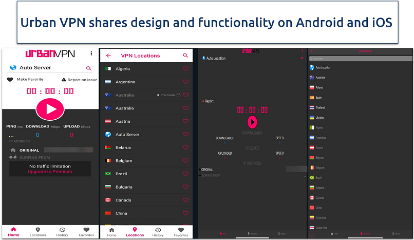 Screenshots of Urban VPN UI on Android and iOS