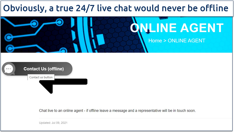 Screenshot of VPN.Express' live chat showing it to be offline