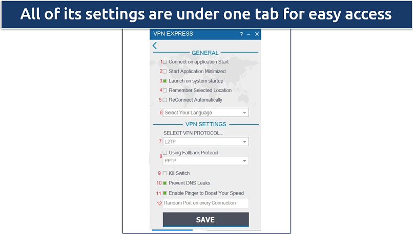 Screenshot of VPN.Express' Windows app highlighting its settings menu