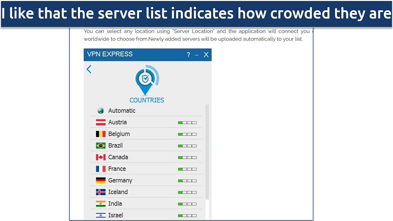 Screenshot of VPN.Express' server list within the Windows app 