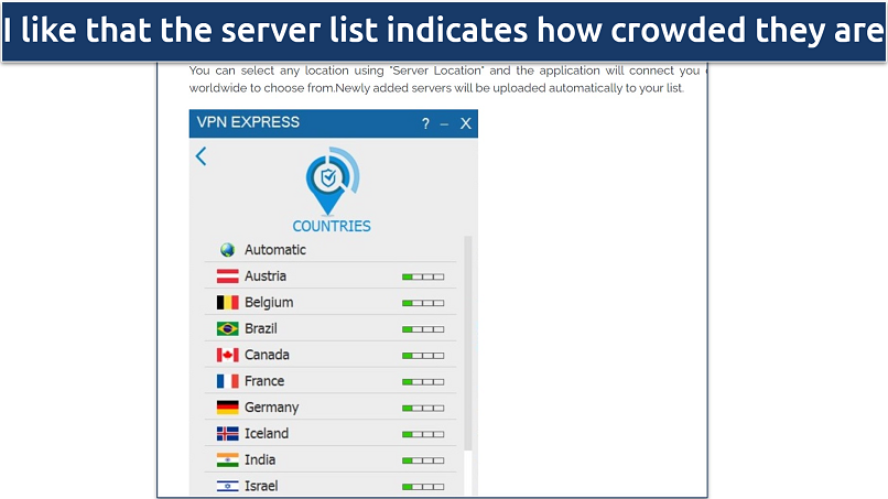 Screenshot of VPN.Express' server list within the Windows app