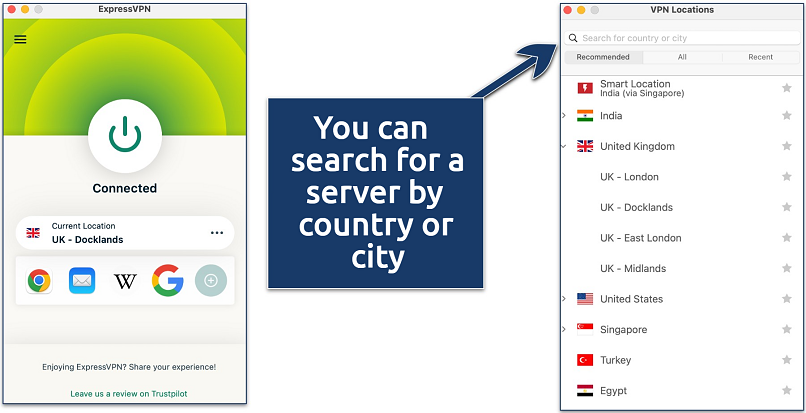 Screenshot showing how to search for a server on ExpressVPN