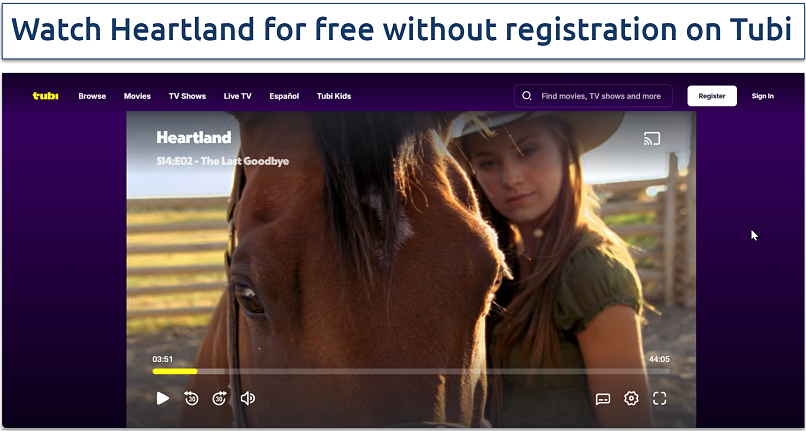 Screenshot showing Heartland available for free on Tubi