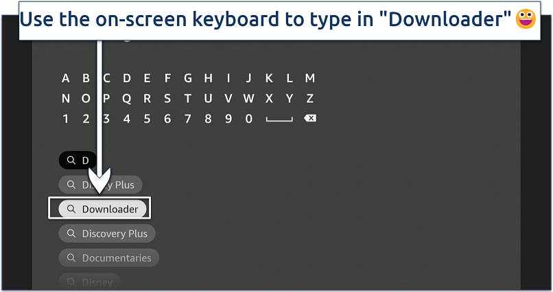 Screenshot showing how to search for the Downloader app