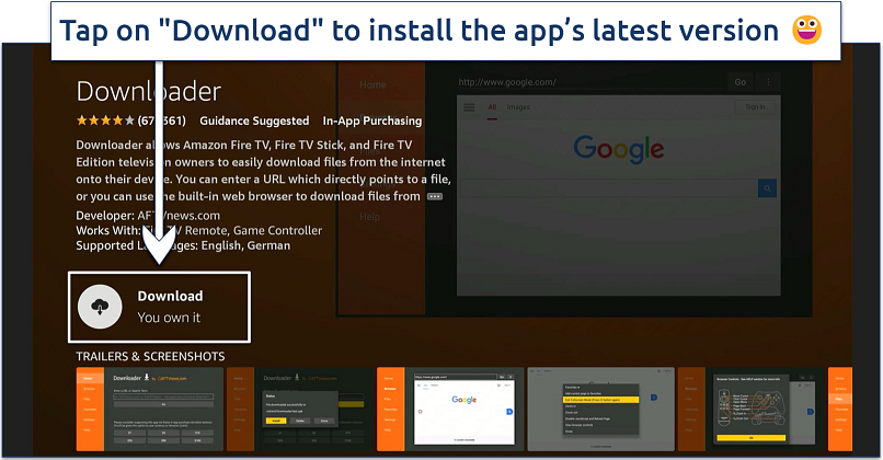 Screenshot showing how to install the Downloader app