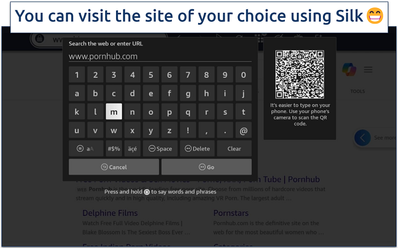 Screenshot showing how to input a web address into Silk