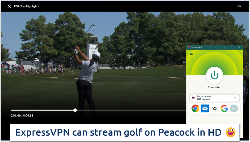 Watching PGA Tour Highlights on Peacock with ExpressVPN connected to the US