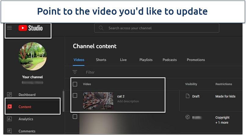 A screenshot of the YouTube Studio published content page