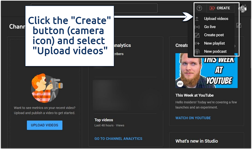 A screenshot of YouTube Studio's channel content upload page