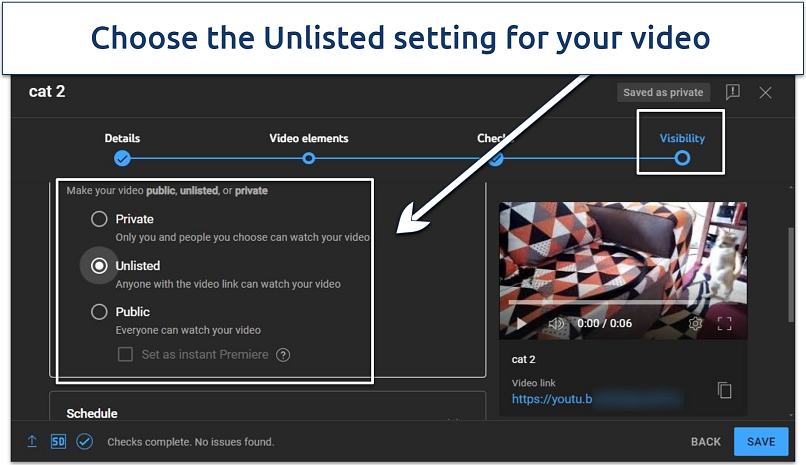 A screenshot of YouTube video upload visibility settings