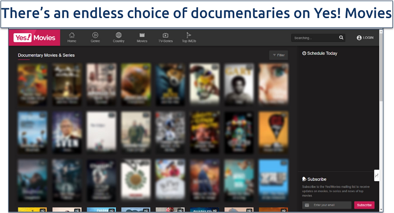 Screenshot of the Yes! Movies documentaries page