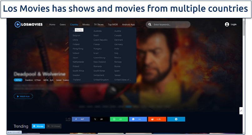 Screenshot of the Los Movies homepage