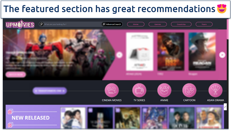 Screenshot of the Upmovies homepage