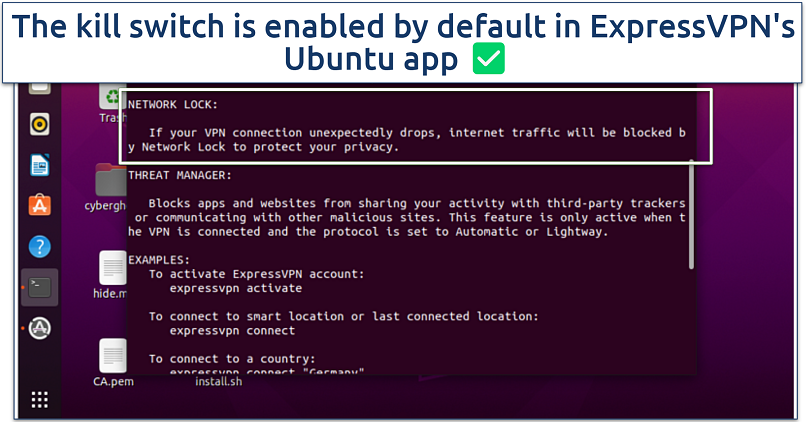 A screenshot showing that ExpressVPN's Ubuntu app comes with a kill switch (Network Lock)