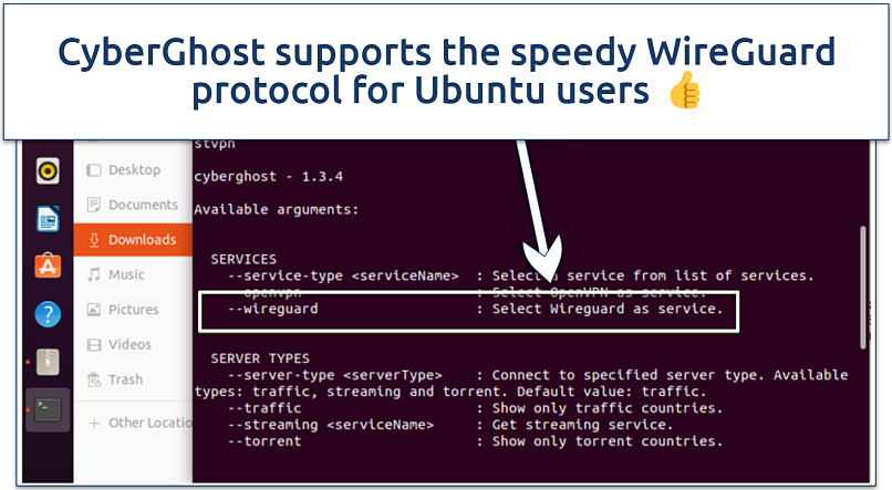 A screenshot showing CyberGhost supports the speedy WireGuard protocol for Ubuntu users