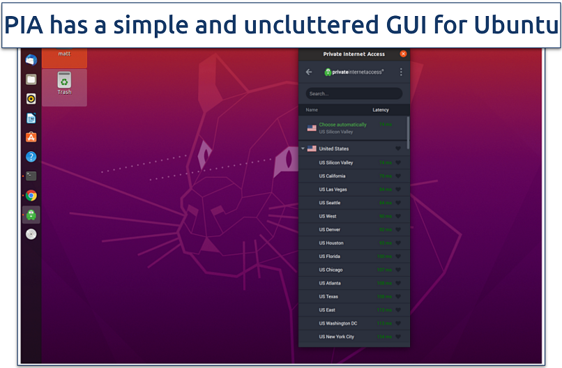 A screenshot showing PIA has a GUI app for Ubuntu