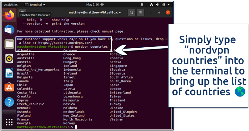 A screenshot showing the command that displays the list of countries on NordVPN's Ubuntu app.