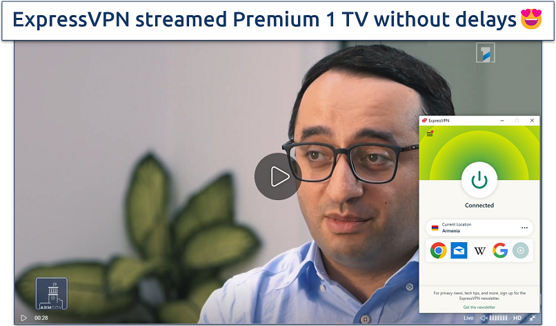 Screenshot showing a TV show playing on Armenia's Premium 1 TV with ExpressVPN connected to an Armenia server