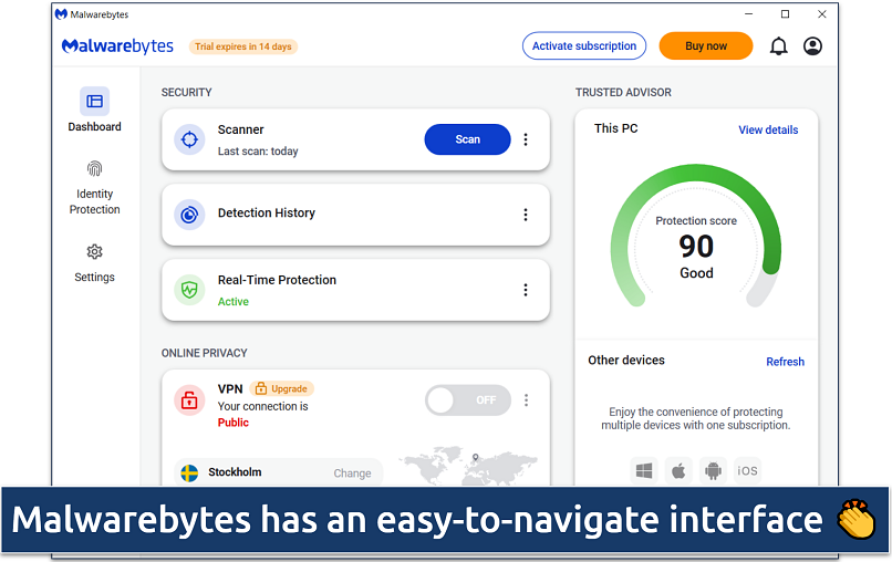 A screenshot showing Malwarebytes' simple and uncluttered interface