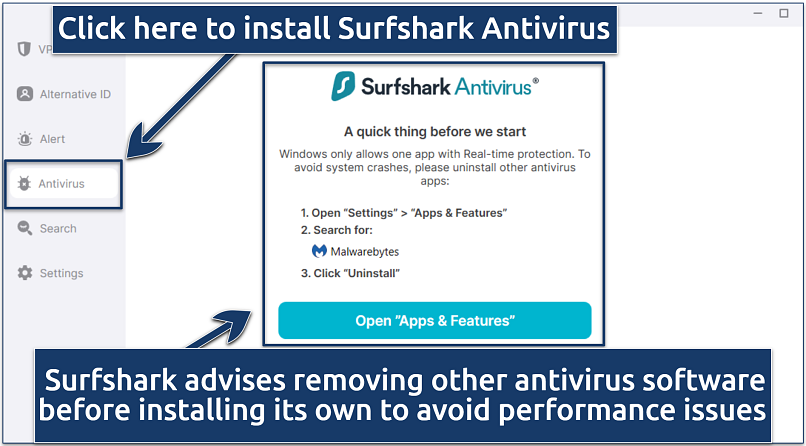 A screenshot showing the initial button to click to begin the Surfshark Antivirus installation process, along with the necessary prerequisites