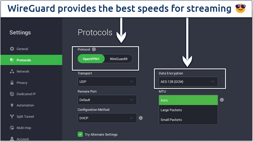 A screenshot showing how straightforward it is to customize a connection using the Private Internet Access (PIA)