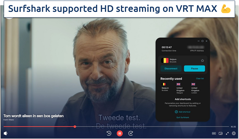 A screenshot showing streaming VRT MAX while connected to Surfshark's Belgium server