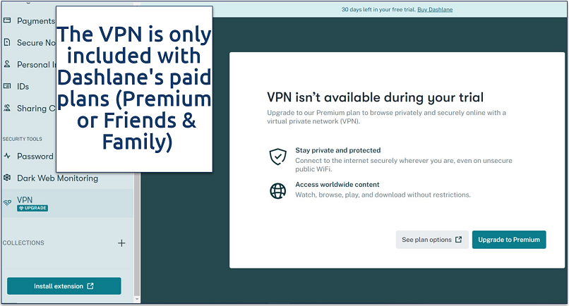 A screenshot showing that Dashlane VPN (Hotspot Shield) is not included in the free trial and requires a subscription for access