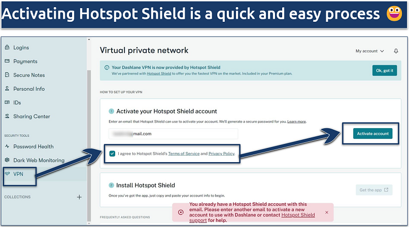 A screenshot showing the process of activating a Hotspot Shield account through Dashlane