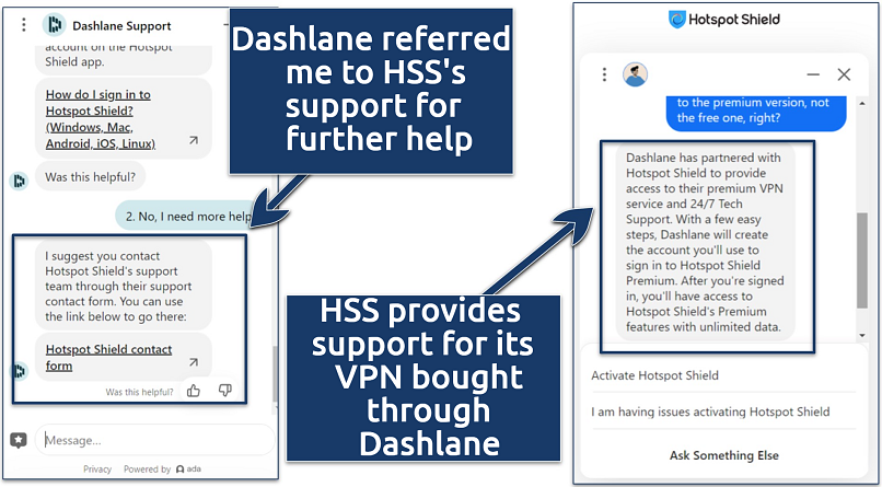 A screenshot showing why you should contact Hotspot Shield for VPN-related issues instead of Dashlane