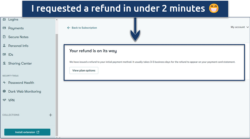 A screenshot showing how to cancel a Dashlane subscription and request a refund through the web app