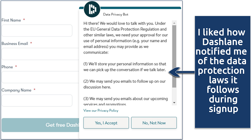 A screenshot showing some of the data protection laws that Dashlane adheres to