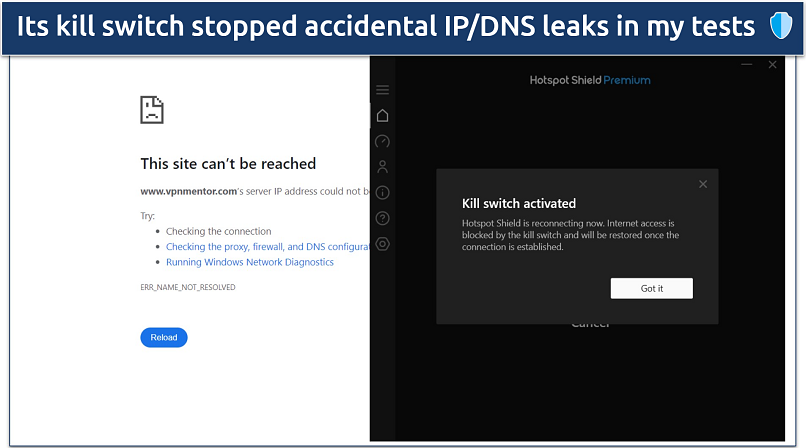 A screenshot showing Hotspot Shield's kill switch cuts the internet connection when switching servers