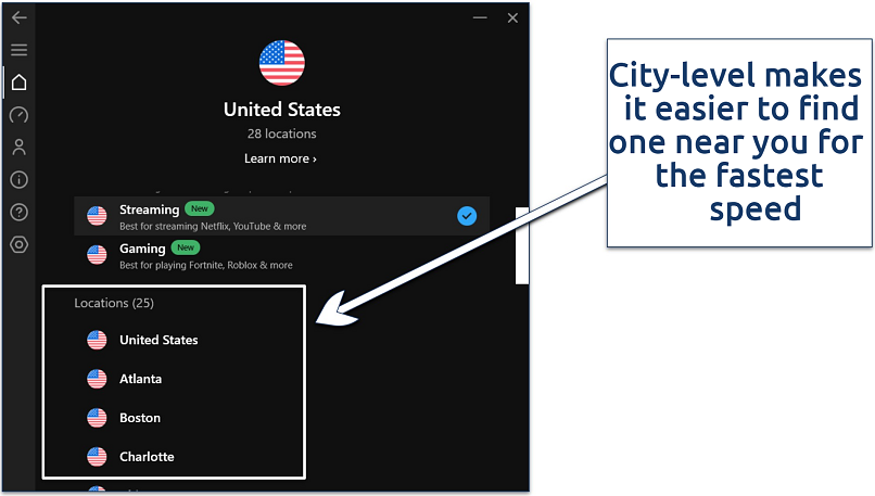 A screenshot of of Hotspot Shield's server network on the Windows app highlighting the US locations