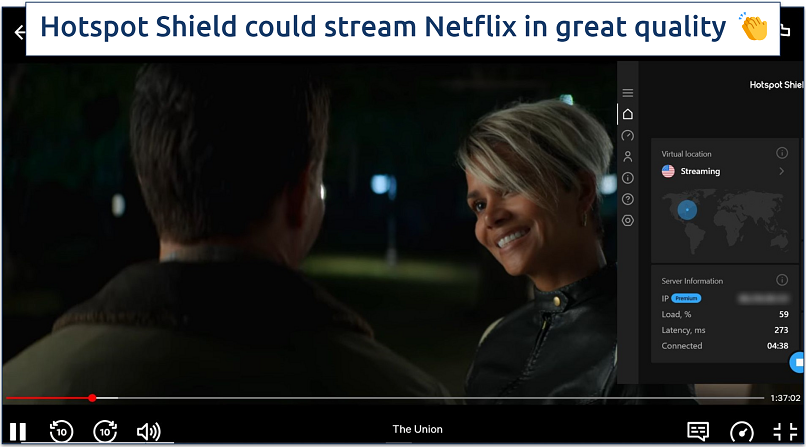 A screenshot of Netflix streaming The Union while connected to Hotspot Shield's US streaming-optimized server