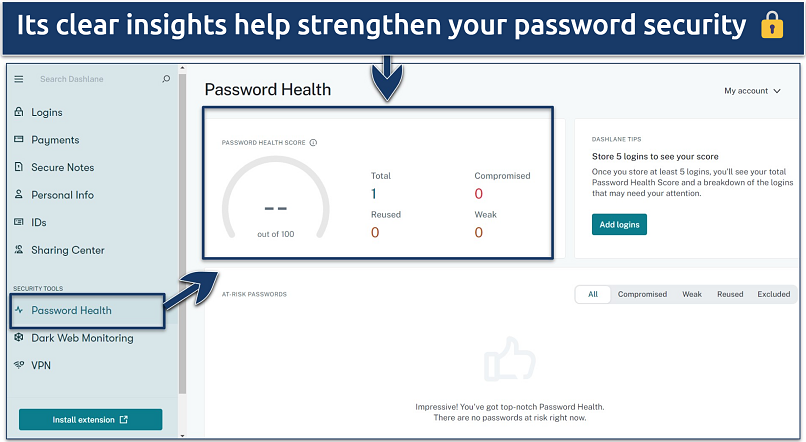 A screenshot showing the usefulness of Dashlane's Password Health feature