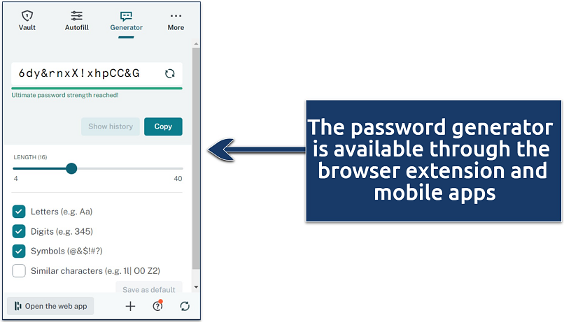 A screenshot showing Dashlane's password generator accessible through the browser extension