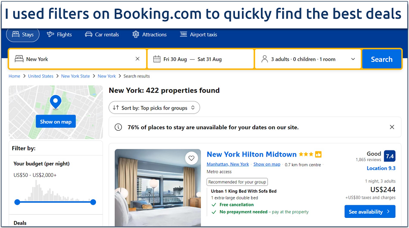 A screenshot showing Booking.com home along with filter options for easily searching for a hotel, flight, or car