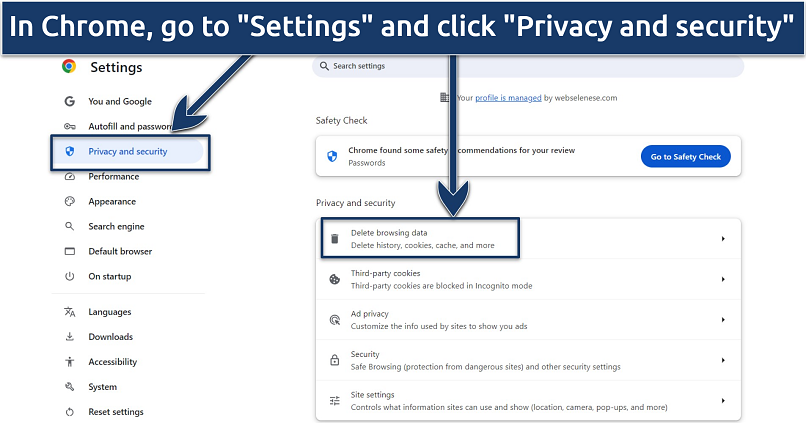 A screenshot showing how to clear cookies and cache in Chrome