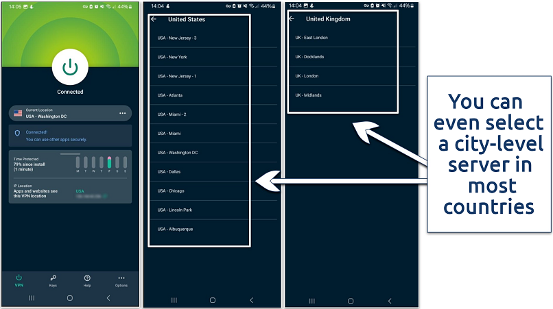 A screenshot showing Express offers city-level servers