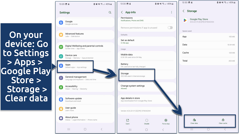 A screenshot showing how to clear Google Play data on Android